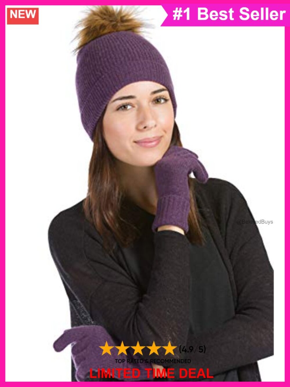 100% Cashmere Pom Hat Glove Set Faux Fur Pom Ribbed Knit Winter Gift Box